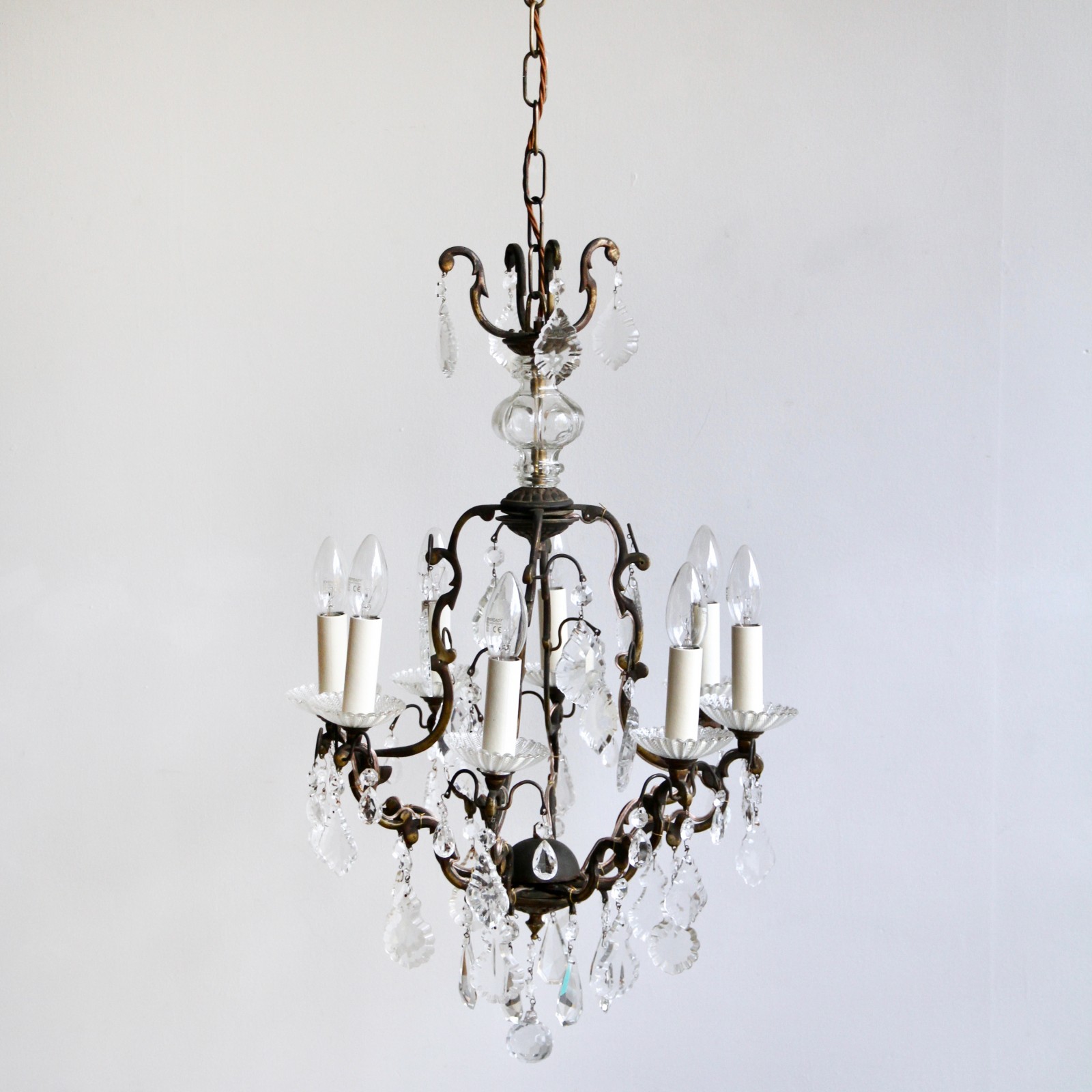 Delicate Birdcage Chandelier with cut crystal and glass drops.