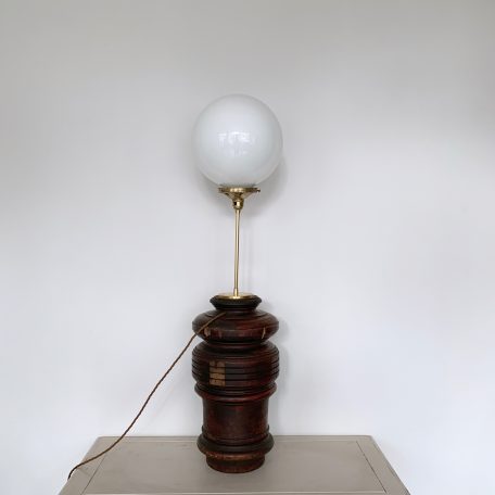 Large Turned Wood Lamp with Brass Stem and Opaline Shade