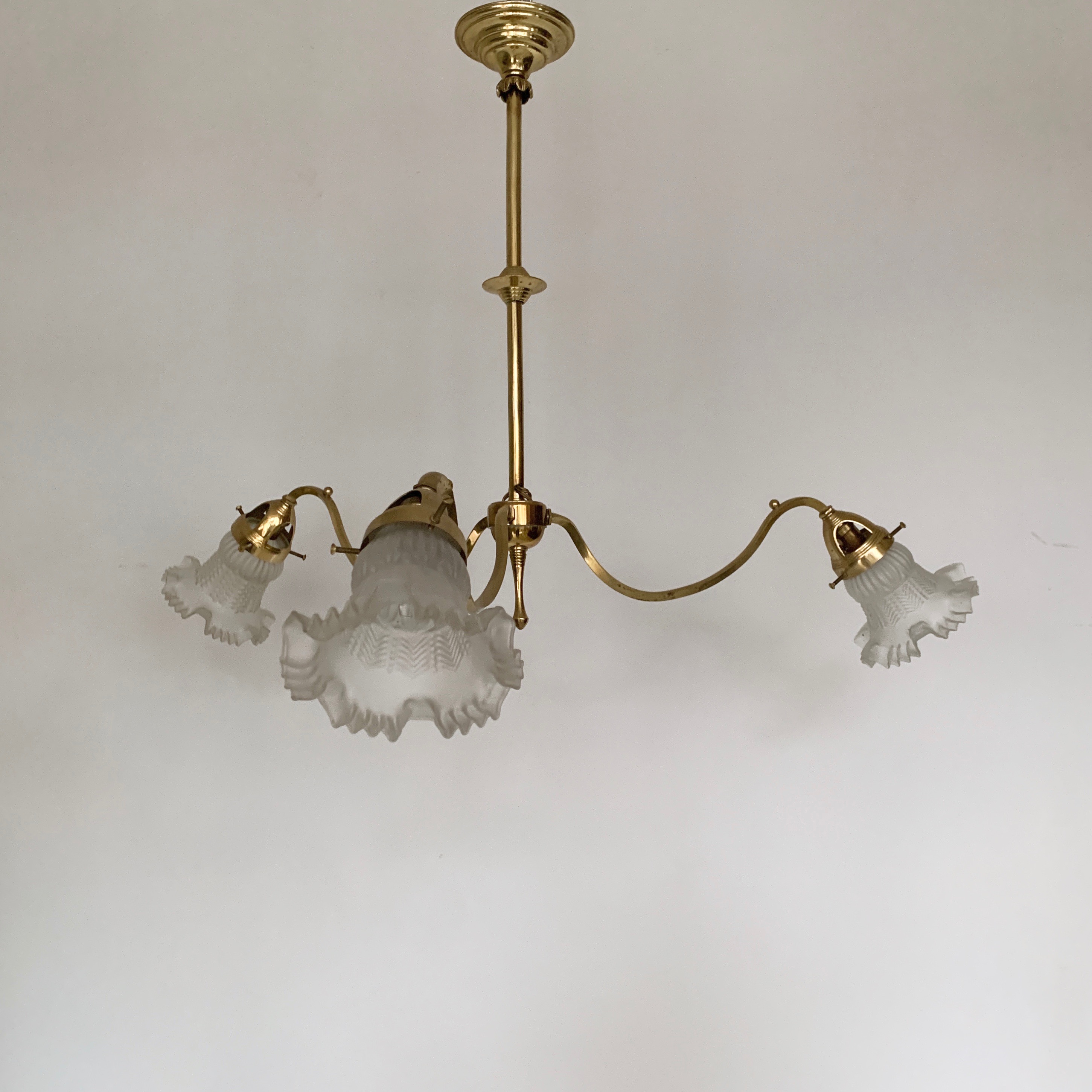 Edwardian Three Arm Polished Brass Chandelier with Frosted Frill