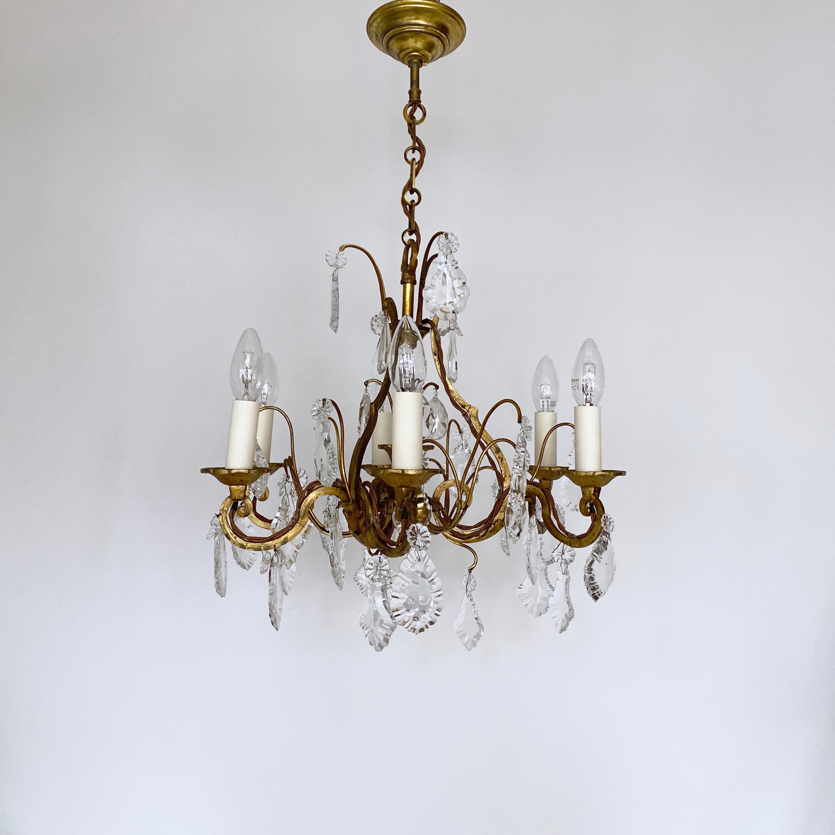 French Brass 1930s Chandelier with Crystal and Flat Leaf Drops - Agapanthus  Interiors