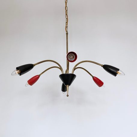 Mid Century Brass Sputnik Chandelier with Red and Black Shades