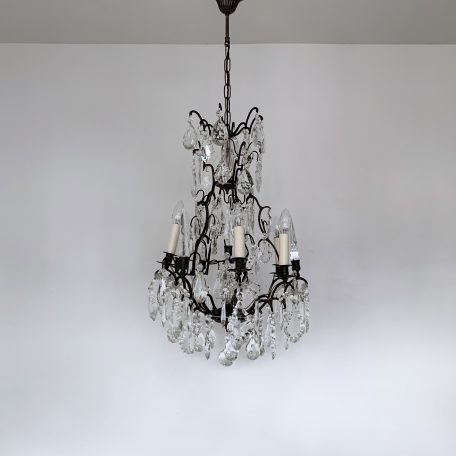 Large Italian Dark Brass Birdcage Chandelier with Glass and Crystal Drops