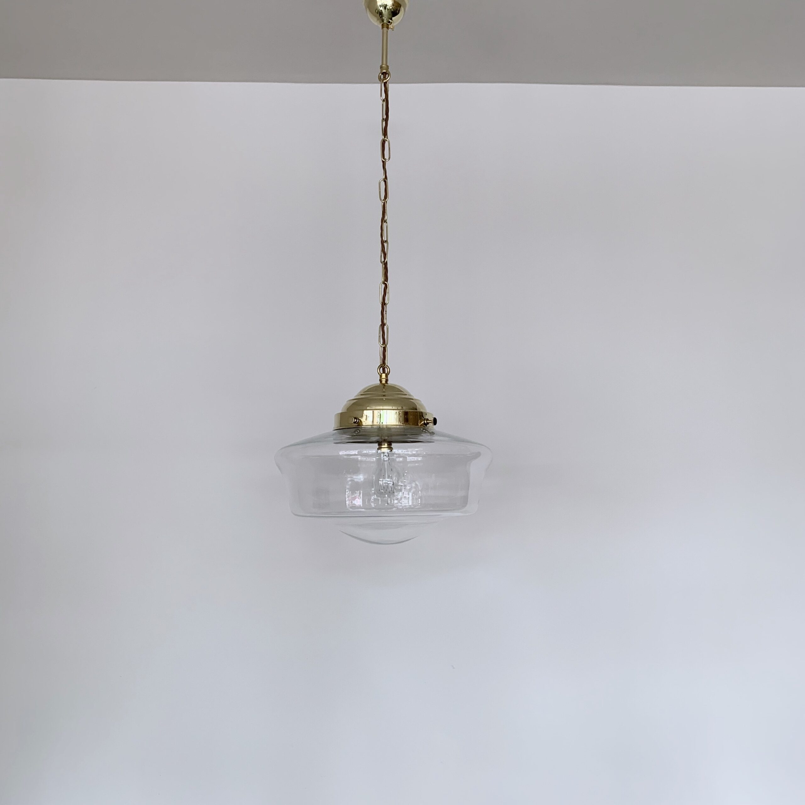 Contemporary Clear School House Shades with Polished Brass Galleries