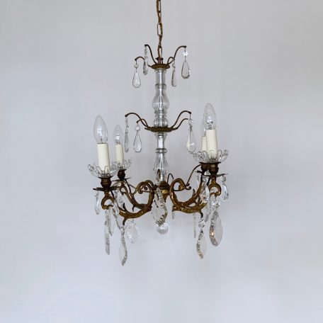 French Gilt Brass Chandelier with Crystal Drops