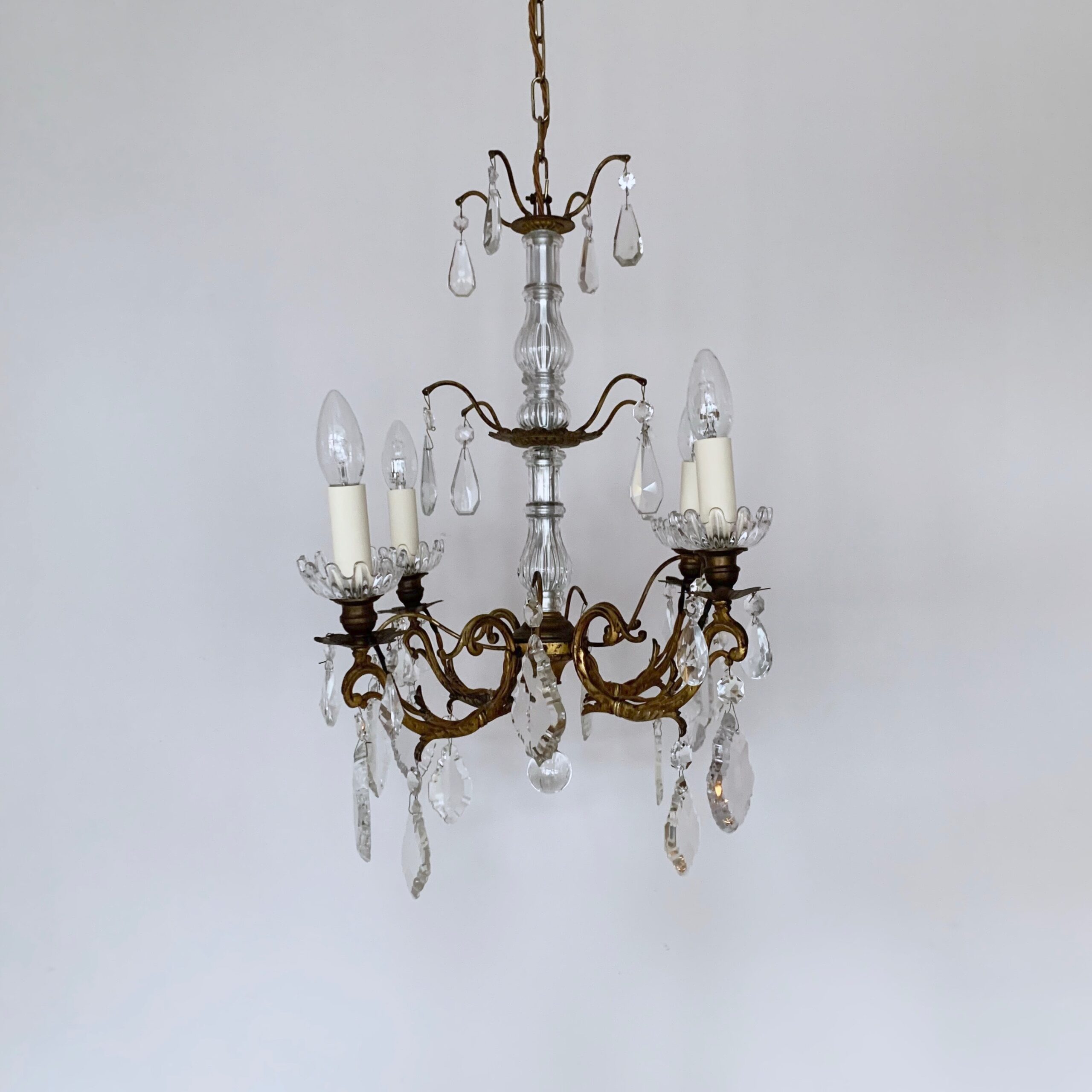 French Gilt Brass Chandelier with Crystal Drops