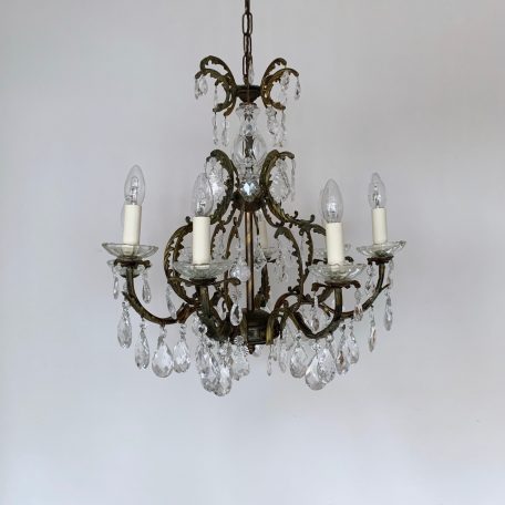 French Ornate Cast Brass Chandelier with Glass Pear and Flat Leaf Drops