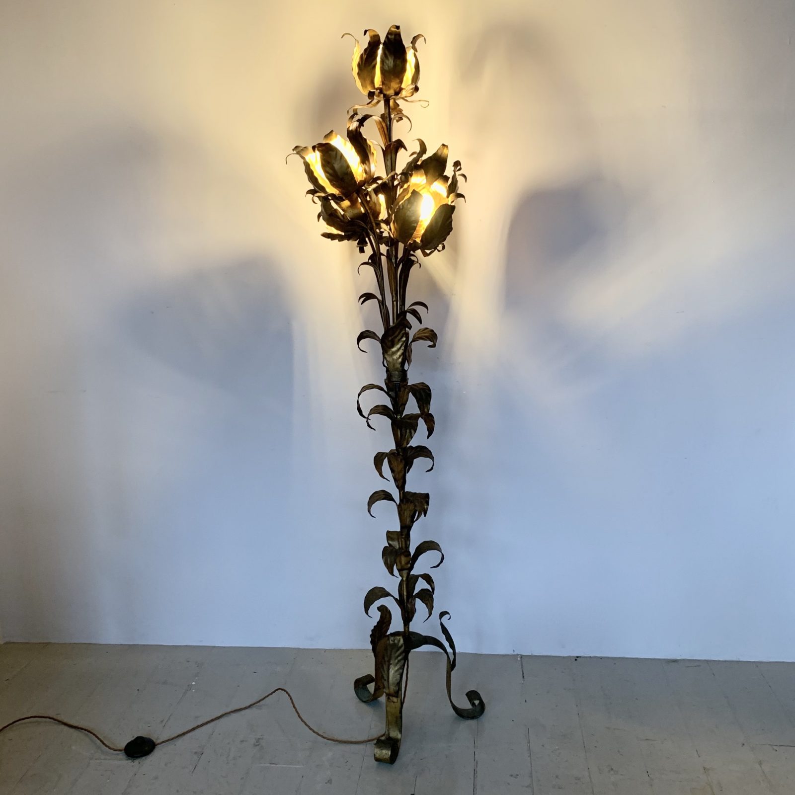 Hollywood Regency Gilt Metal Lotus Flower Floor Lamp, Hans Kogl 1970 ...