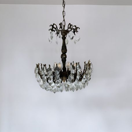 Small Ornate French Brass Multi Arm Chandelier with Crystal Iceberg Drops