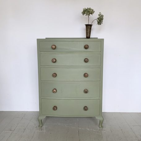 Tall Green Painted Chest of Drawers with Wooden Handles
