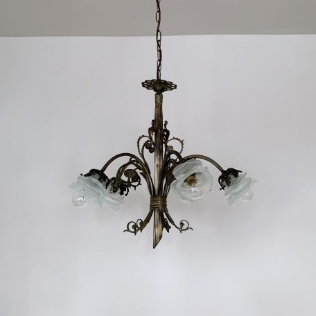 French Ornate Brass Chandelier with Frosted Glass Shades