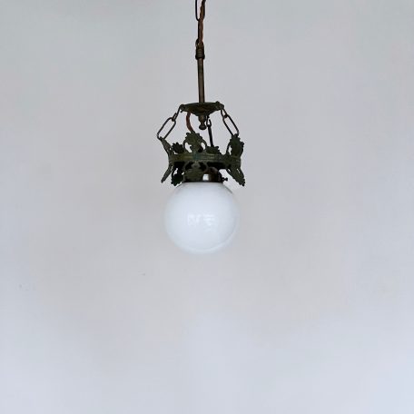 French Greened Wrought Iron Pendant with Opaline Globe Shade