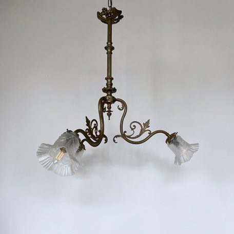 French Ornate Brass Downlighter with Frosted Frilled Shades