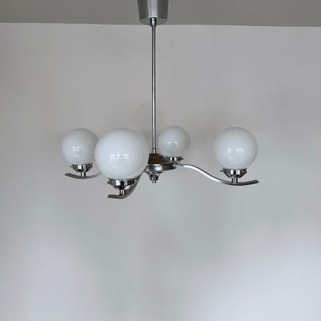 Mid Century Chrome Chandelier with Polished Opaline Globes