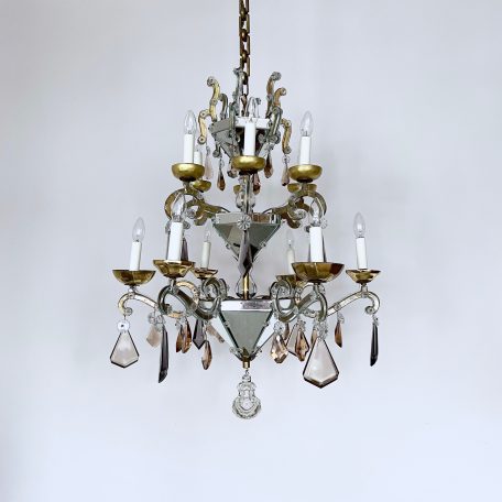 Large French Art Deco Mirrored Chandelier with Cut Crystal Drops