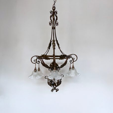 Pair of Early 1900s French Ornate Floral Brass Chandeliers with Frosted Frill Shades