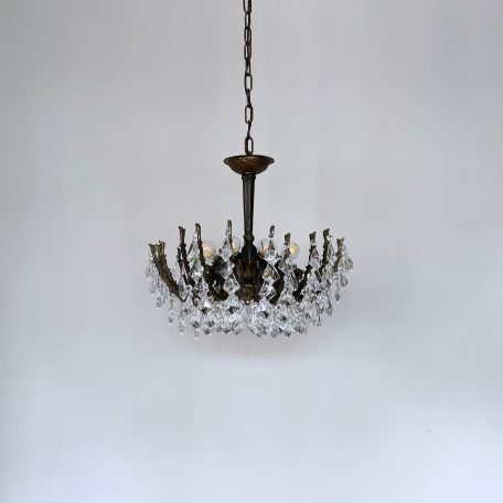 Small French Brass Multi Arm Chandelier with Glass Kite Drops