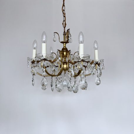 Ornate French Brass Chandelier with Cut Glass Pear Drops