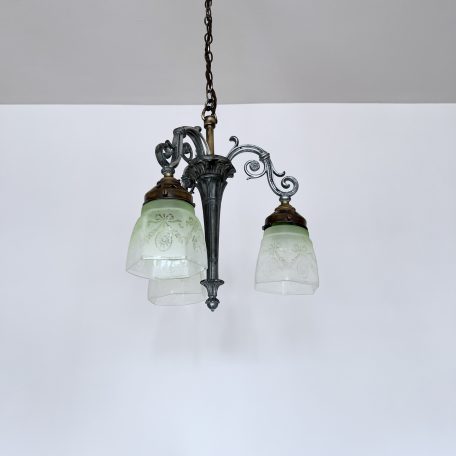 Small Brass and Pewter Chandelier with Green Shades