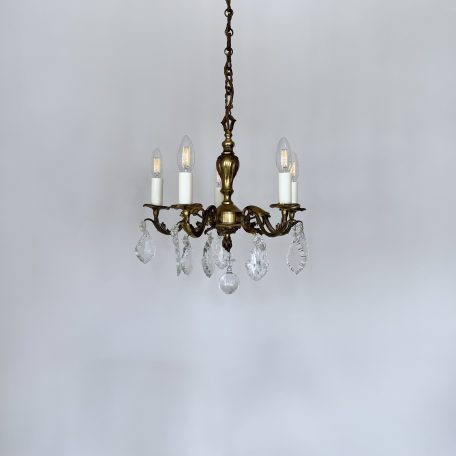 Small French Brass Chandelier with Flat Leaf Drops