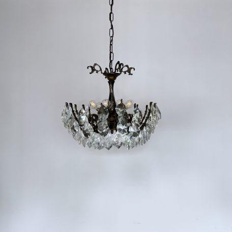 French Brass Multi Arm Chandelier with Crystal Iceberg Drops