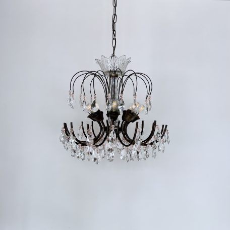 French Brass Multi Arm Chandelier with Crystal Pear Drops
