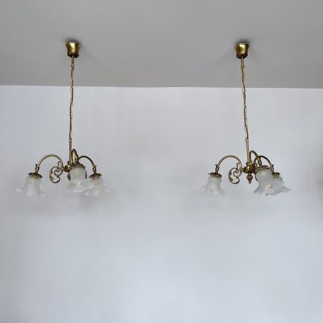 Pair English Brass Chandeliers with Frosted Glass Shades