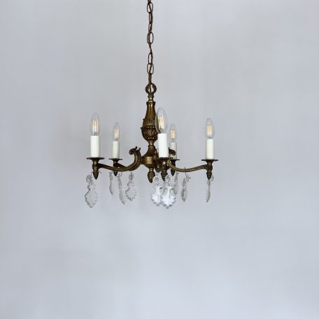 Small French Brass Chandelier with Flat Leaf Drops