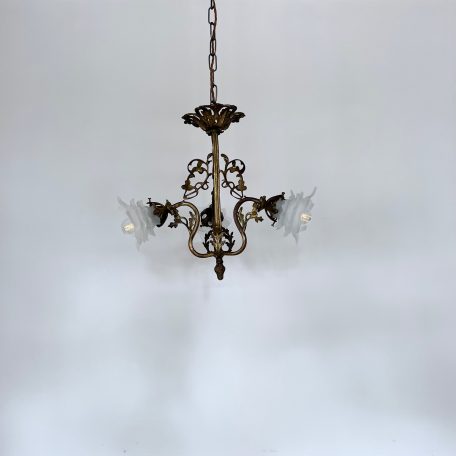 Small French Ornate Brass Chandelier with Frosted Floral Shades