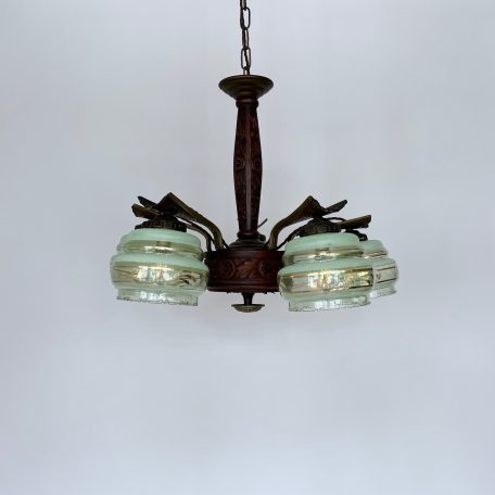 Carved Wooden Chandelier with Brass Details and Green Glass Shades
