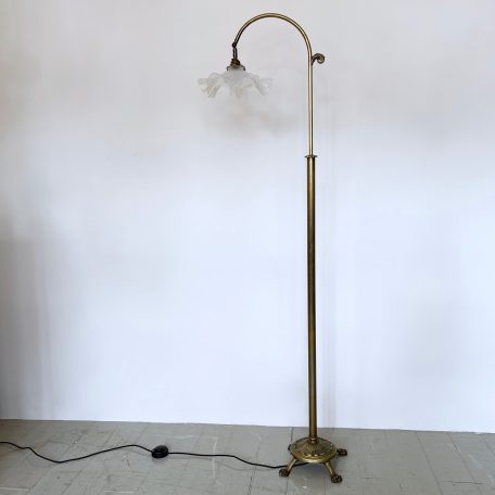 French Brass Adjustable Floor Lamp with Frosted Frilled Shade
