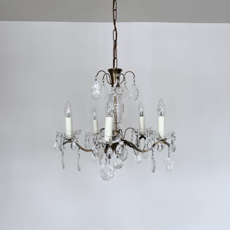 French Brass Chandelier with Glass Flat Leaf Drops