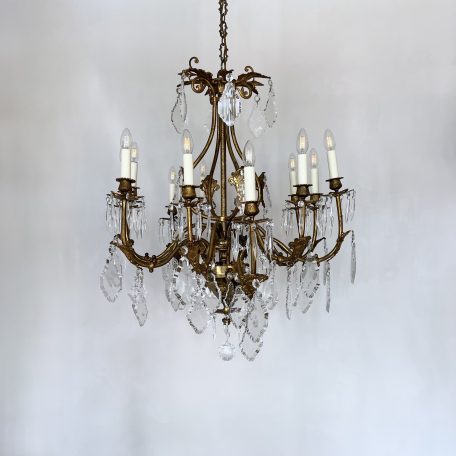 Large Cast Brass Louis XIV Style Chandelier with Large Glass Flat Leaf Drops