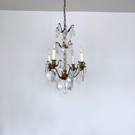 French Brass Chandelier with Glass Flat Leaf Drops