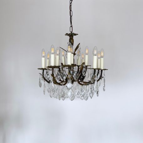 Ornate Brass Chandelier with Glass Flat Leaf Drops