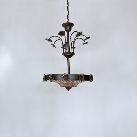 Ornate Hall Pendant with Pink Textured Glass Shade