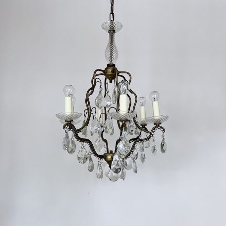Brass Birdcage Chandelier with Cut Glass Pear Drops