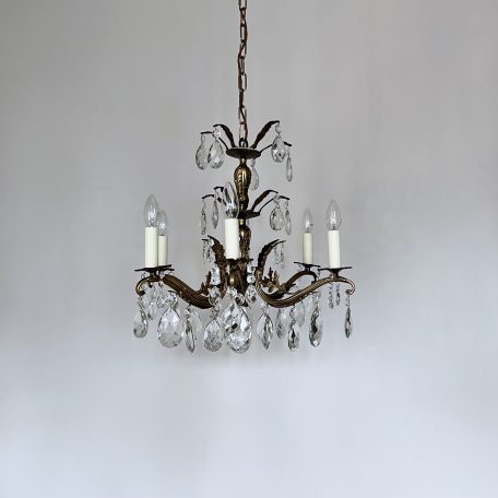 French Gilt Brass Chandelier with Cut Glass Pear Drops