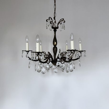 French Ornate Brass Chandelier with Cut Glass Pear Drops