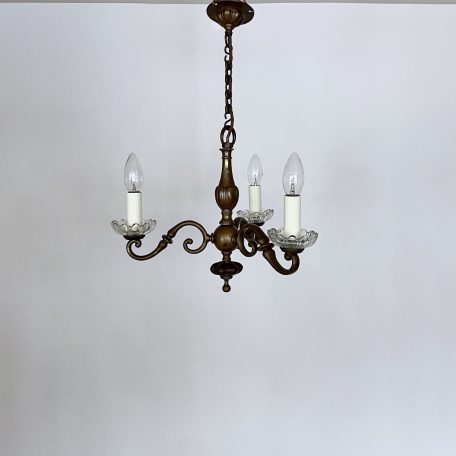 French Brass Three Arm Chandelier with Glass Bobéche Pans
