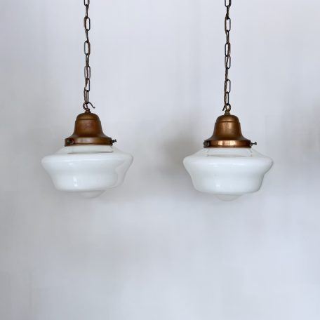 Two Vintage School House Opaline Shades with Copper Galleries