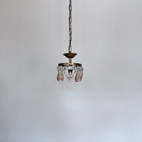 Small Brass Chandelier Pendant with Pink Glass Drops