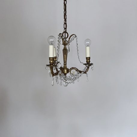 Small Three Arm Brass Chandelier with Crystal Drops