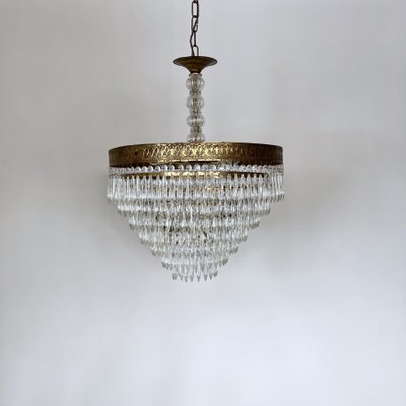 Large Brass Waterfall Chandelier with Glass Stem