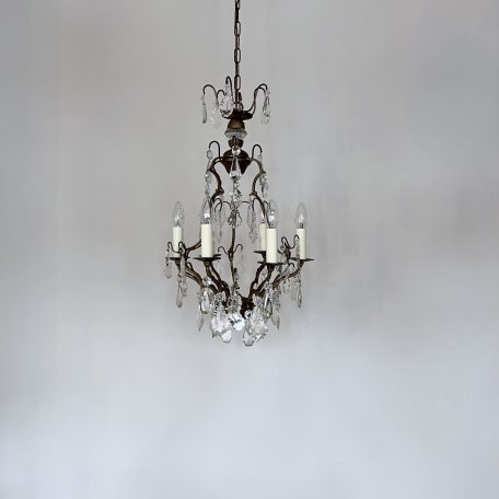 French Gilt Brass Birdcage Chandelier with Glass and Crystal Drops