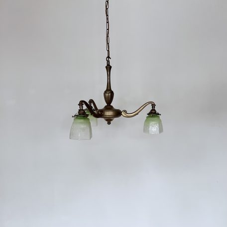 Three Arm Brass Chandelier with Green Etched Glass Shades