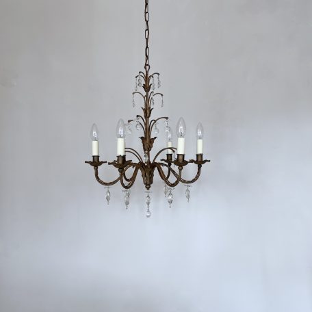 French Gilt Toleware Chandelier with Crystal Bead Drops