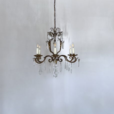 French Wrought Iron Chandelier with Crystal and Flat Leaf Drops