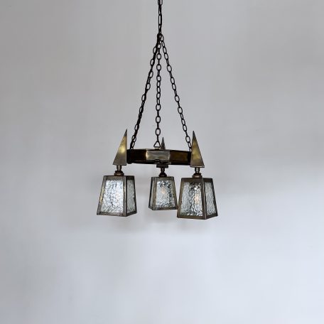 Circular Brass Chandelier with Three Lantern Shades