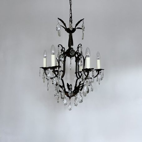 French Brass Birdcage Chandelier with Harlequin Glass Pear Drops