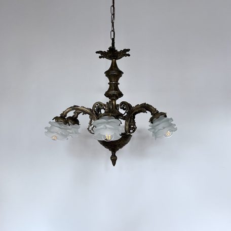 French Downlighter Chandelier with Frosted Floral Glass Shades
